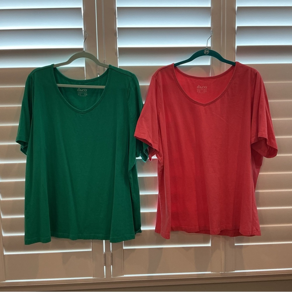 Denim&Co. Short Sleeve Tees - Green and Coral Cotton Tees